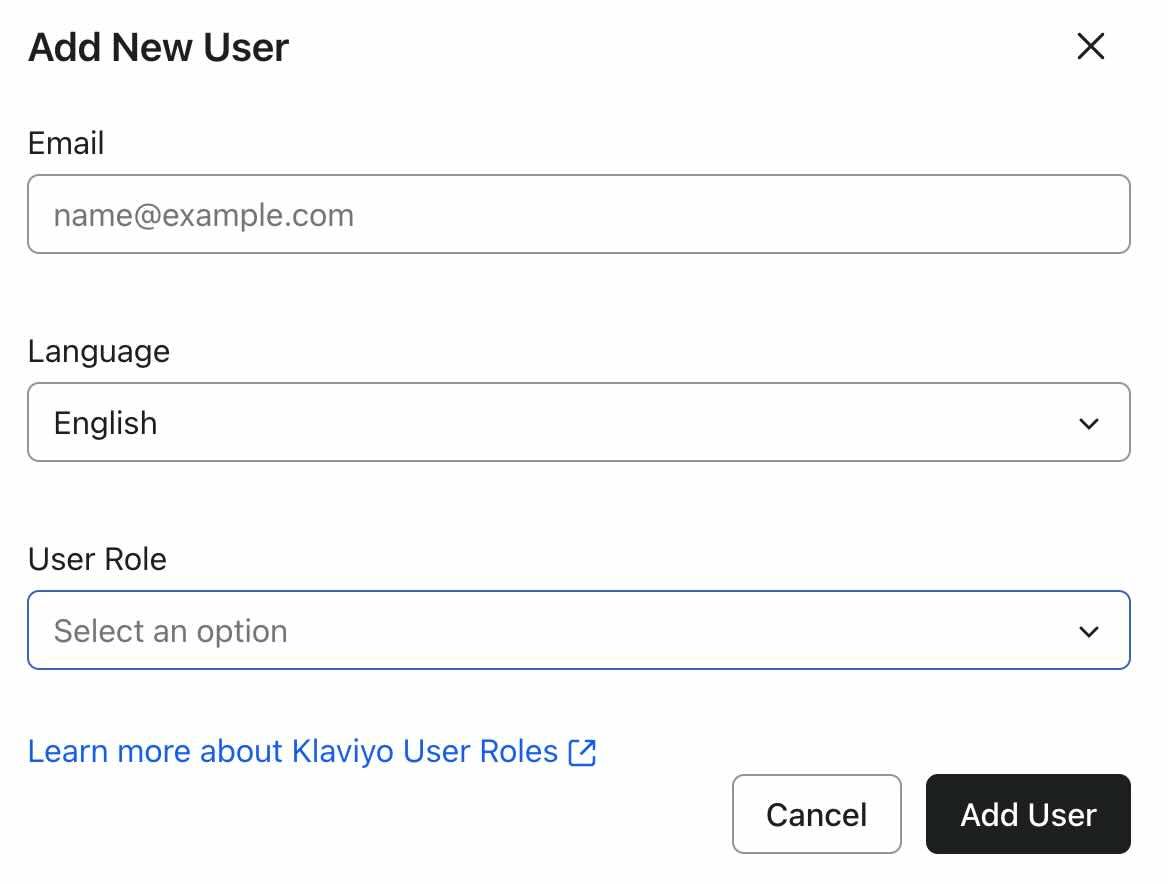Modal to add the email address, language, and role for the new user