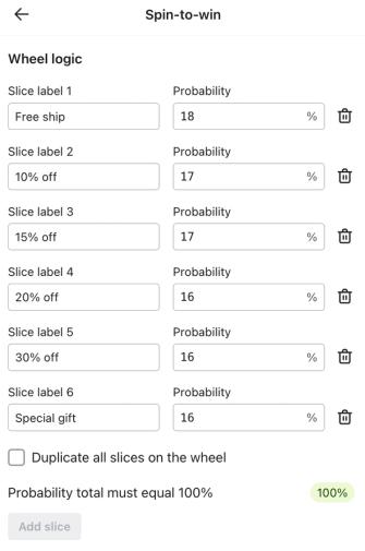 The Spin-to-win menu in the form editor showing example form's wheel logic settings, including example wheel slice label names and probability percentages for each.