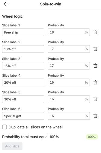 The Spin-to-win menu in the form editor showing example form's wheel logic settings, including example wheel slice label names and probability percentages for each.