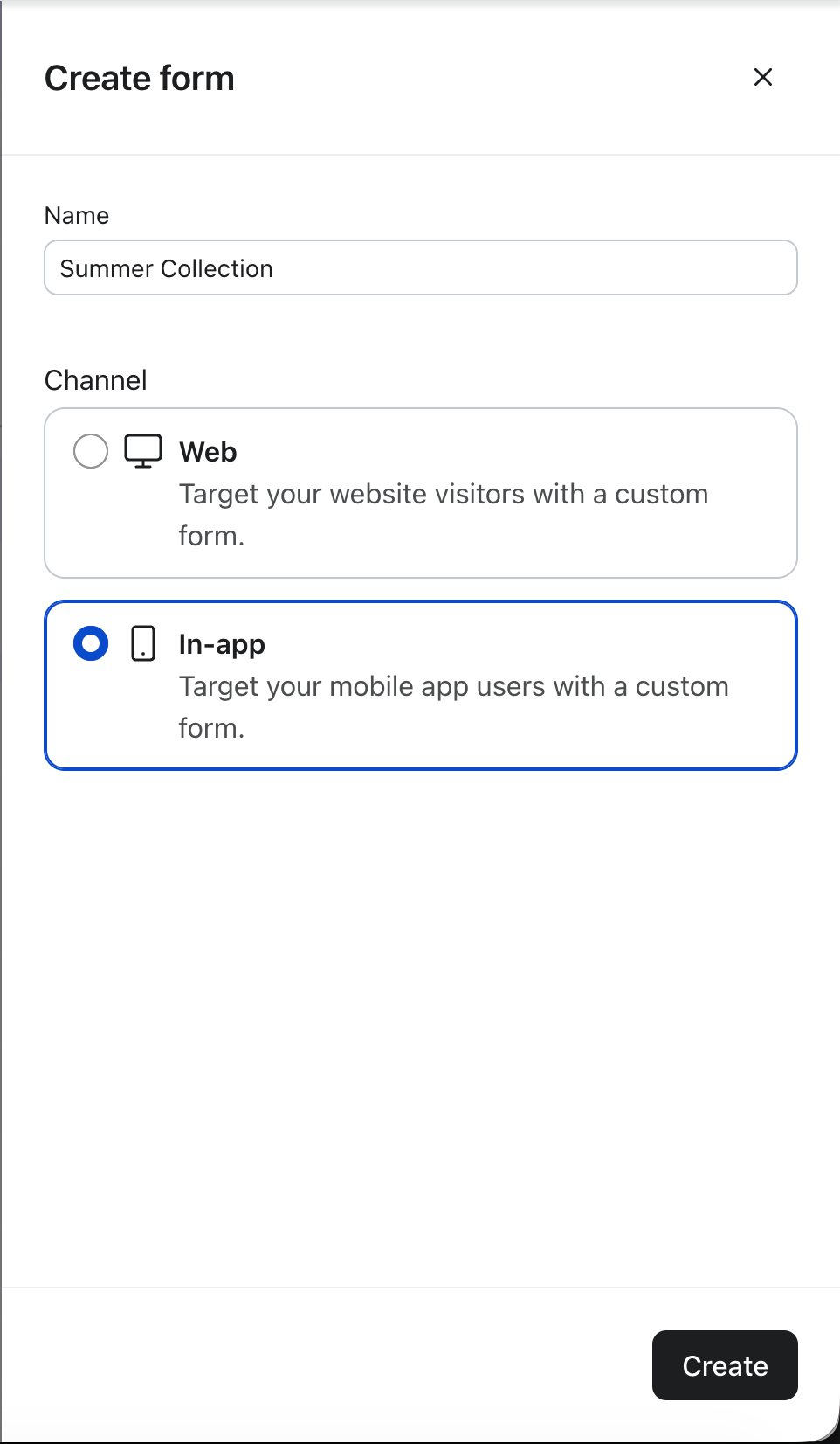 A "Create form" dialog with "Summer Collection" entered for the name, "In-app" selected as the channel.