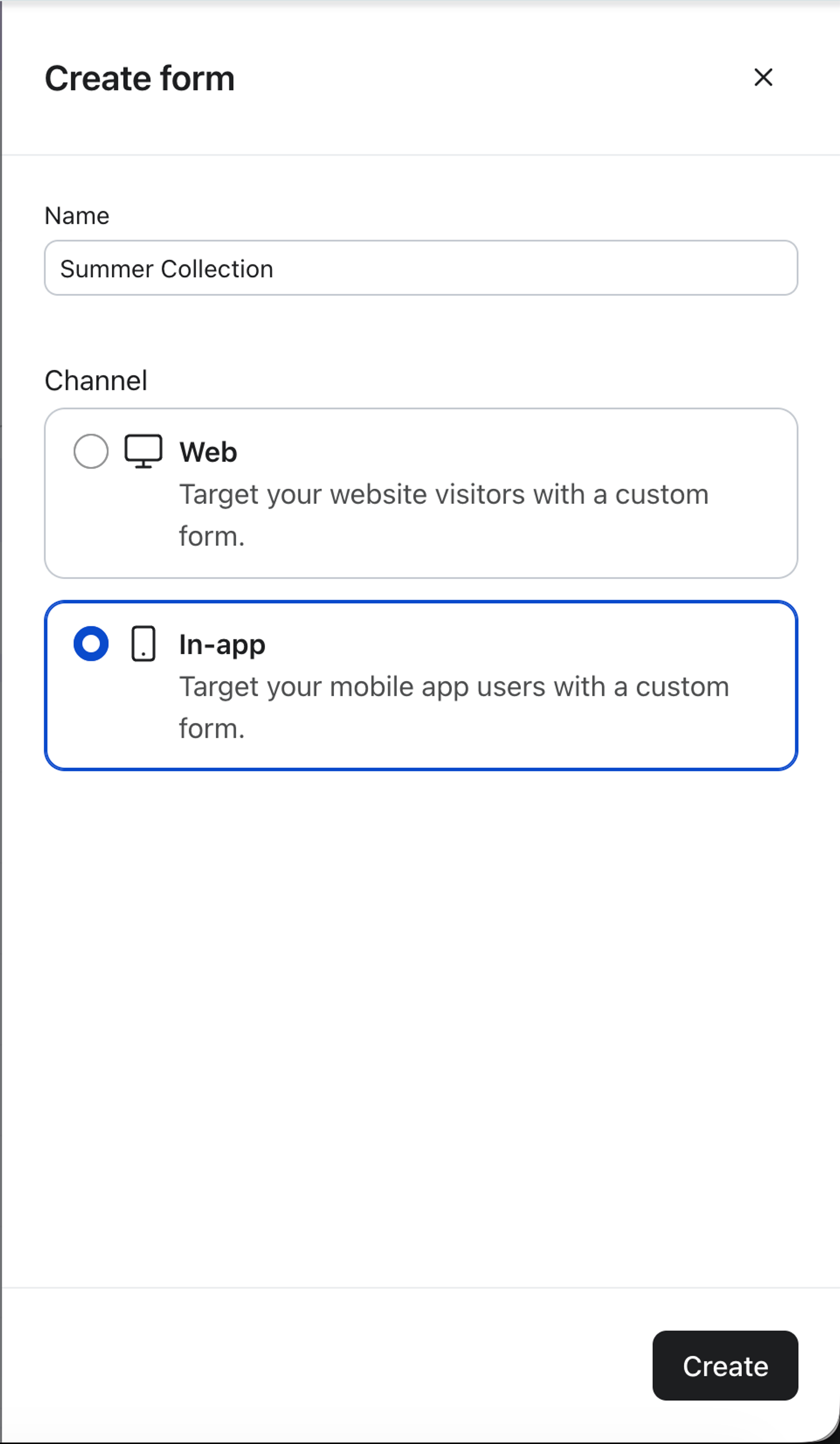 A "Create form" dialog with "Summer Collection" entered for the name, "In-app" selected as the channel.