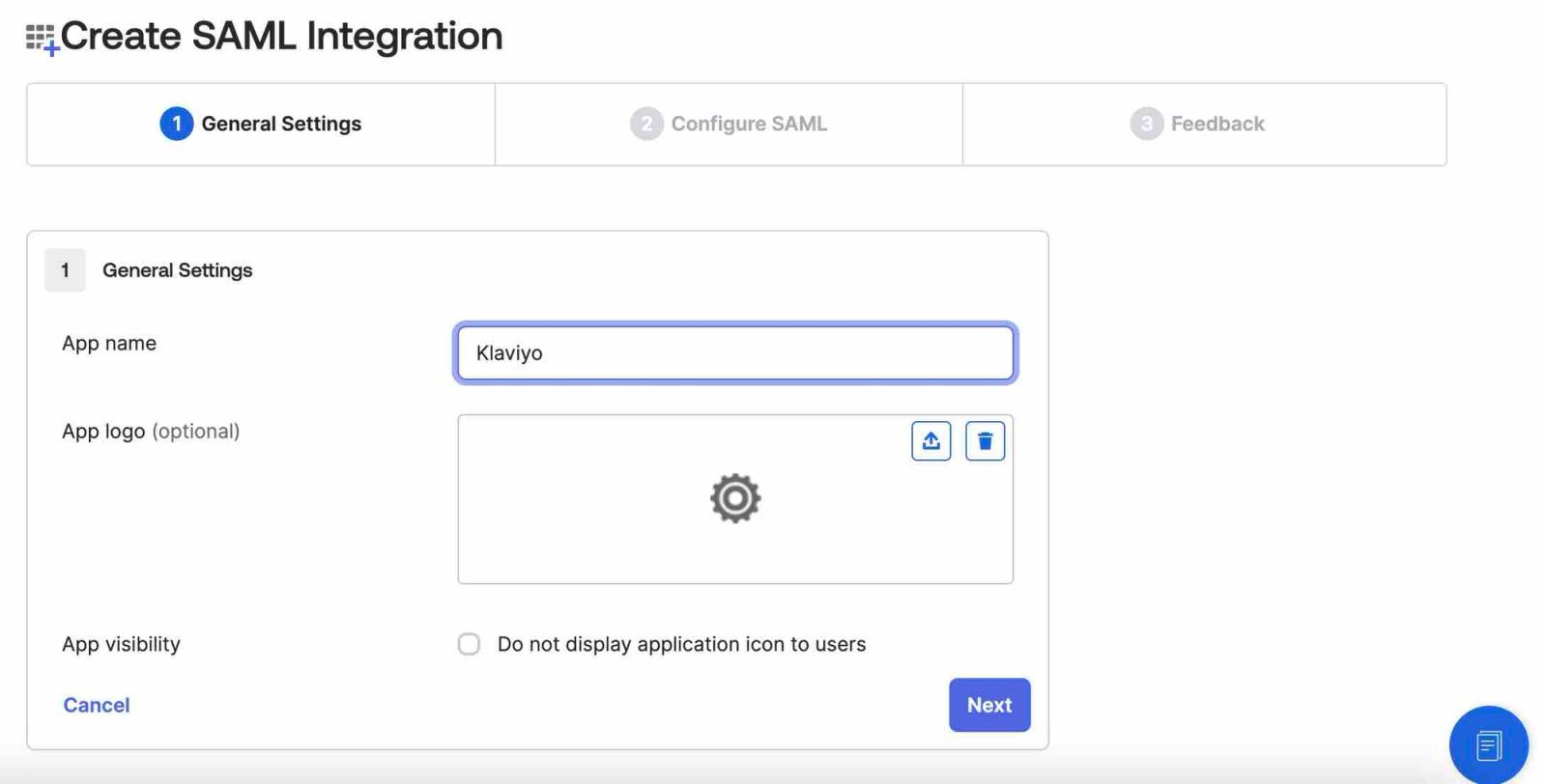 Step 1 of the Okta integration wizard, where you can name the app