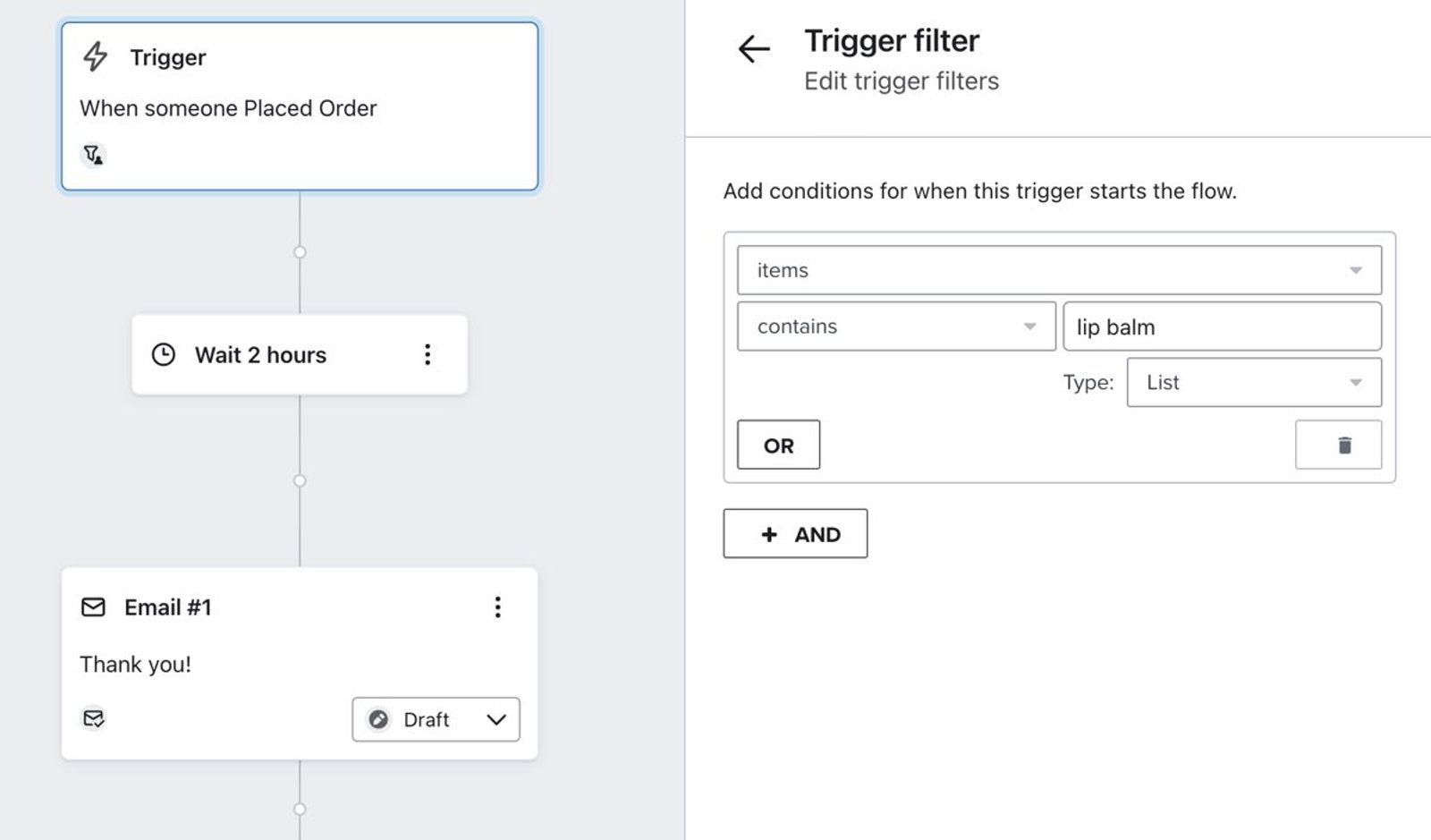 Trigger Setup menu with trigger filter 'Items contains lip balm'