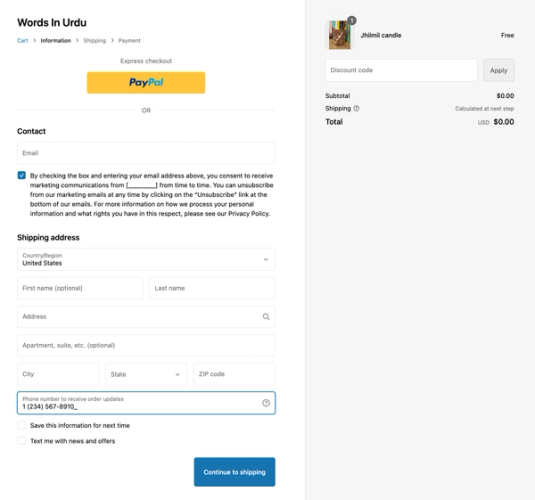 Example of Shopify checkout page when order updates is enabled