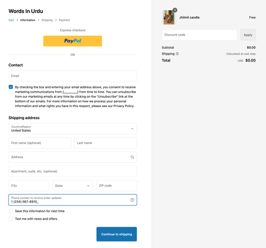 Example of Shopify checkout page when order updates is enabled
