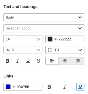 The Text and headings section