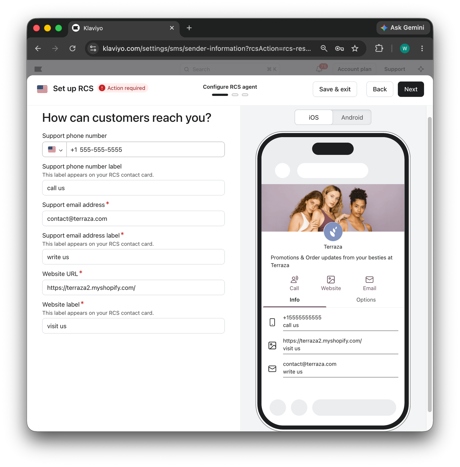 Klaviyo's "Set up RCS" page showing a contact information form and a smartphone preview of the RCS contact card.