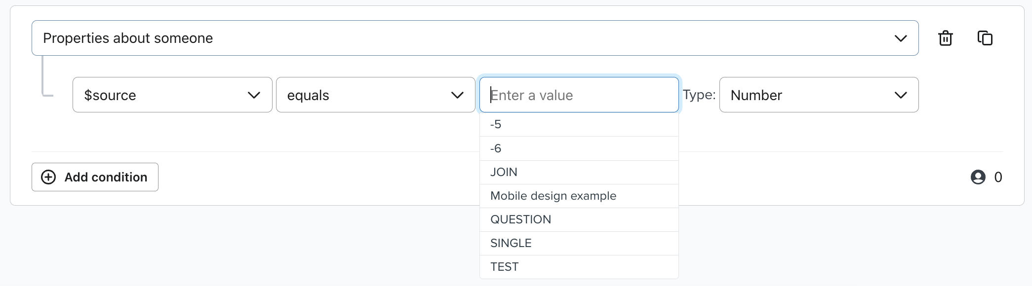 Dropdown menu of source values in segment builder