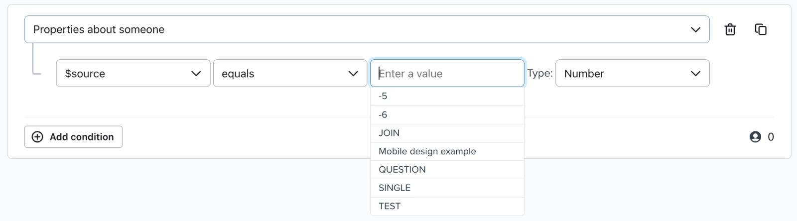 Dropdown menu of source values in segment builder