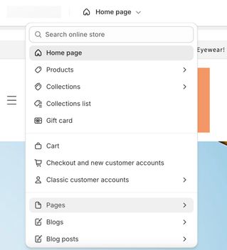 A Shopify store admin showing the page templates dropdown open at the top and Home page selected to edit in the theme editor.