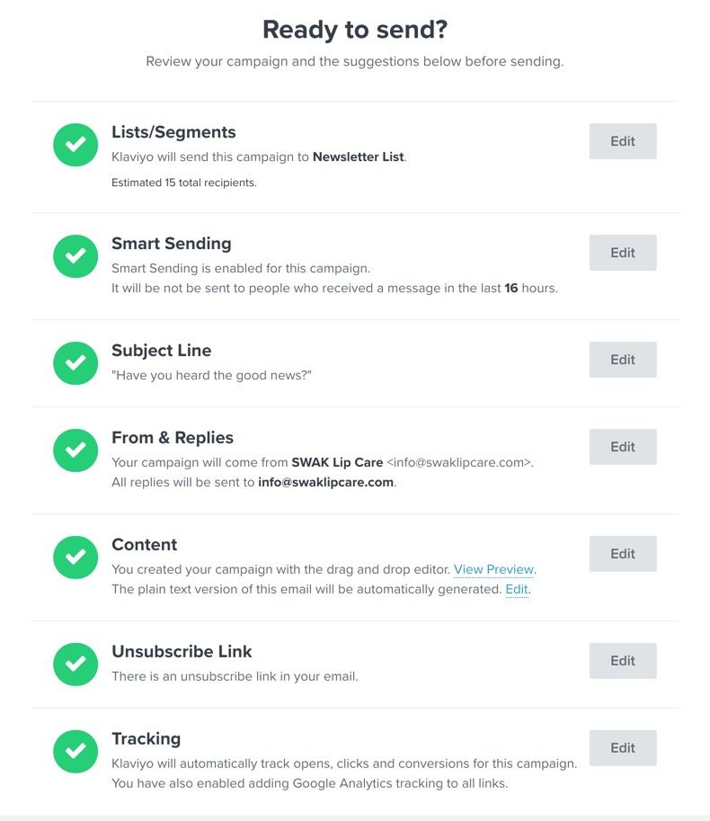 Pantalla de envío de campaña mostrando si se detecta un enlace de baja