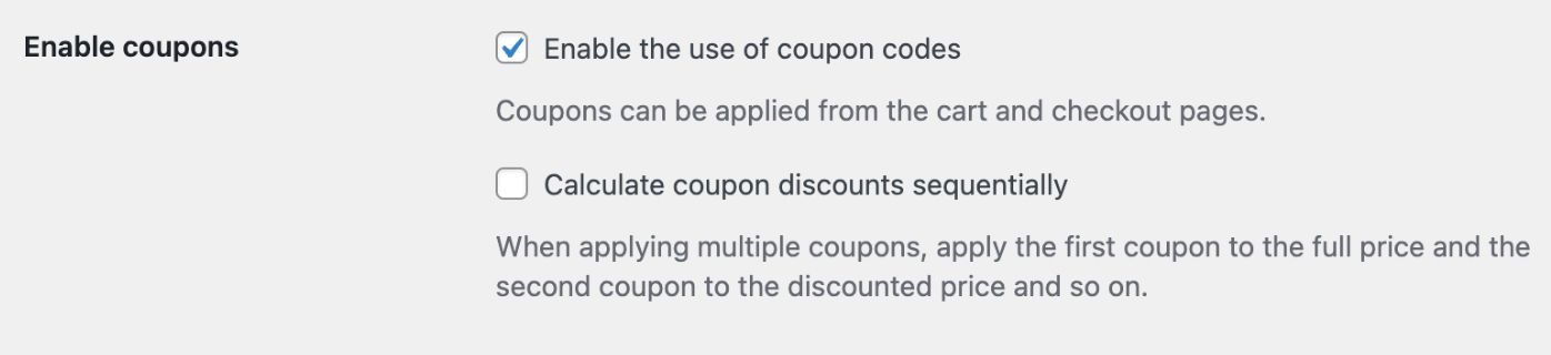 The Enable Coupons menu in WooCommerce showing the box checked off to Enable the use of coupon codes.