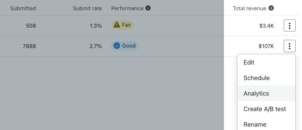 The 3 dots selected and showing Analytics selected from the dropdown menu next to an example form on the Sign-up forms page.
