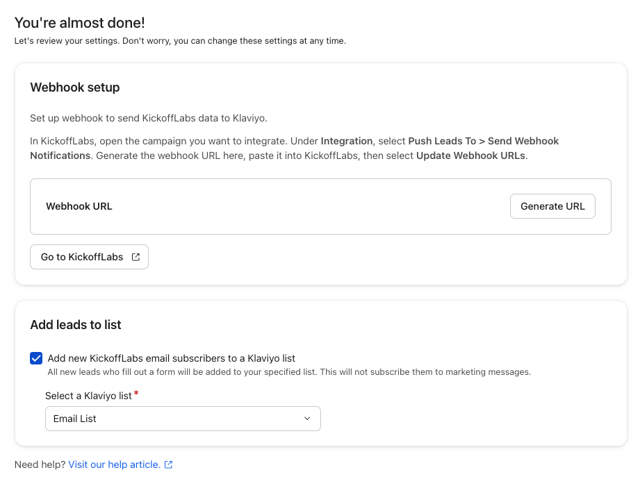 Een instelscherm voor het integreren van KickoffLabs met Klaviyo, met webhook-configuratie en een optie om nieuwe abonnees toe te voegen aan een e-maillijst.