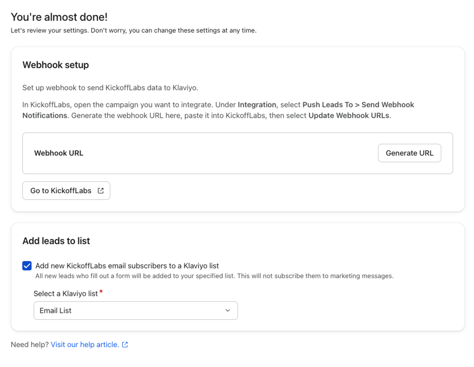 Una pantalla de configuración para integrar KickoffLabs con Klaviyo, que muestra la configuración del webhook y una opción para agregar nuevos suscriptores a una lista de correos electrónicos.