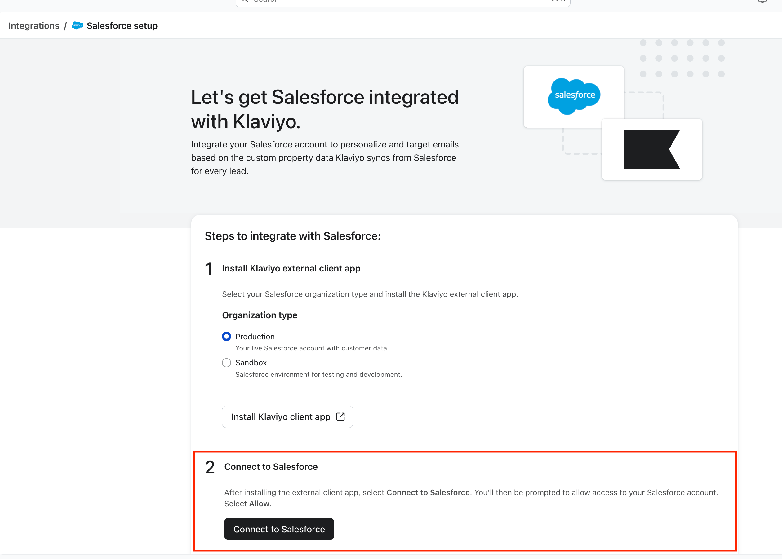 Salesforce integration setup page with Klaviyo, highlighting the "Connect to Salesforce" step.
