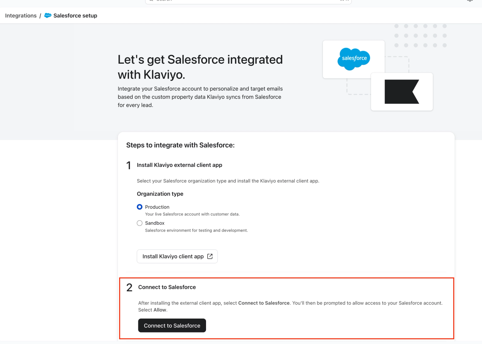 Die Einrichtungsseite für die Salesforce-Integration mit Klaviyo, auf der du den Schritt „Mit Salesforce verbinden“ hervorhebst.