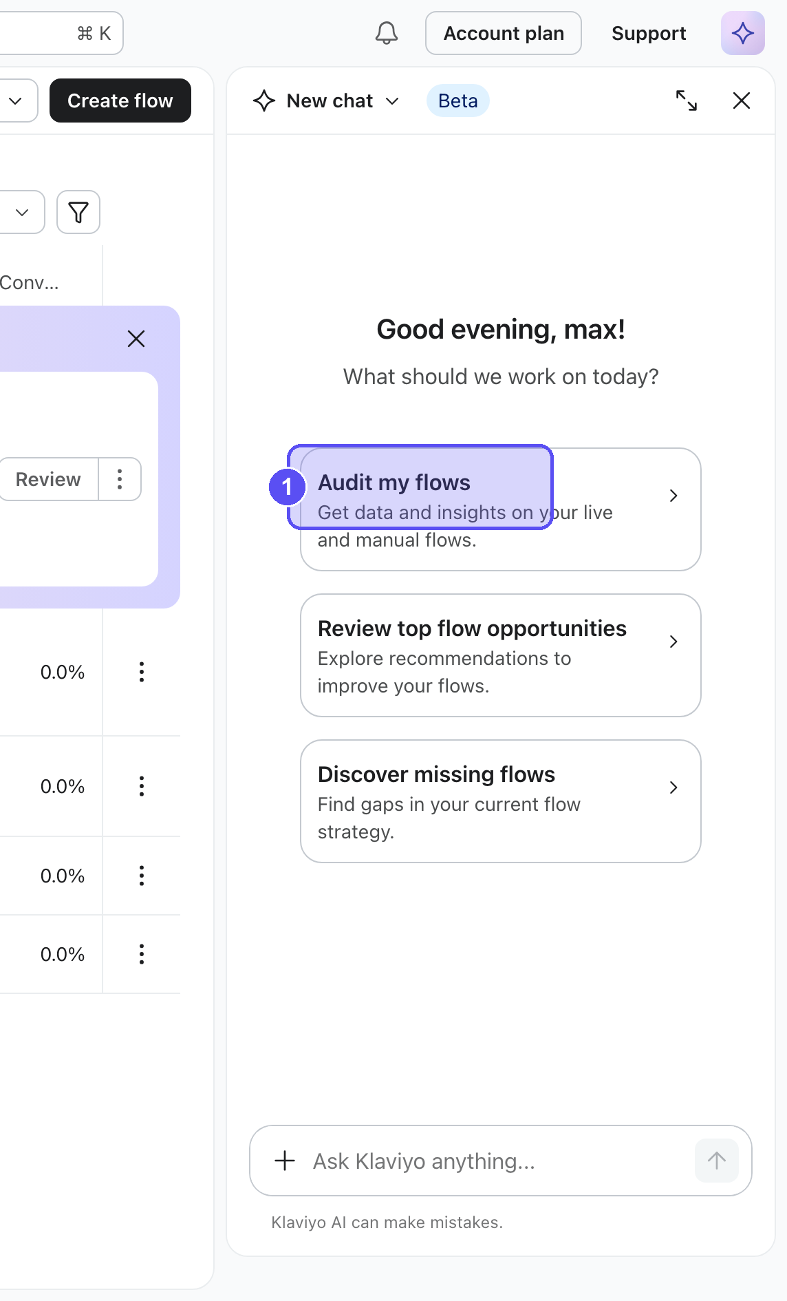 Composer chat panel open next to a Klaviyo email template, ready to receive an audit request.