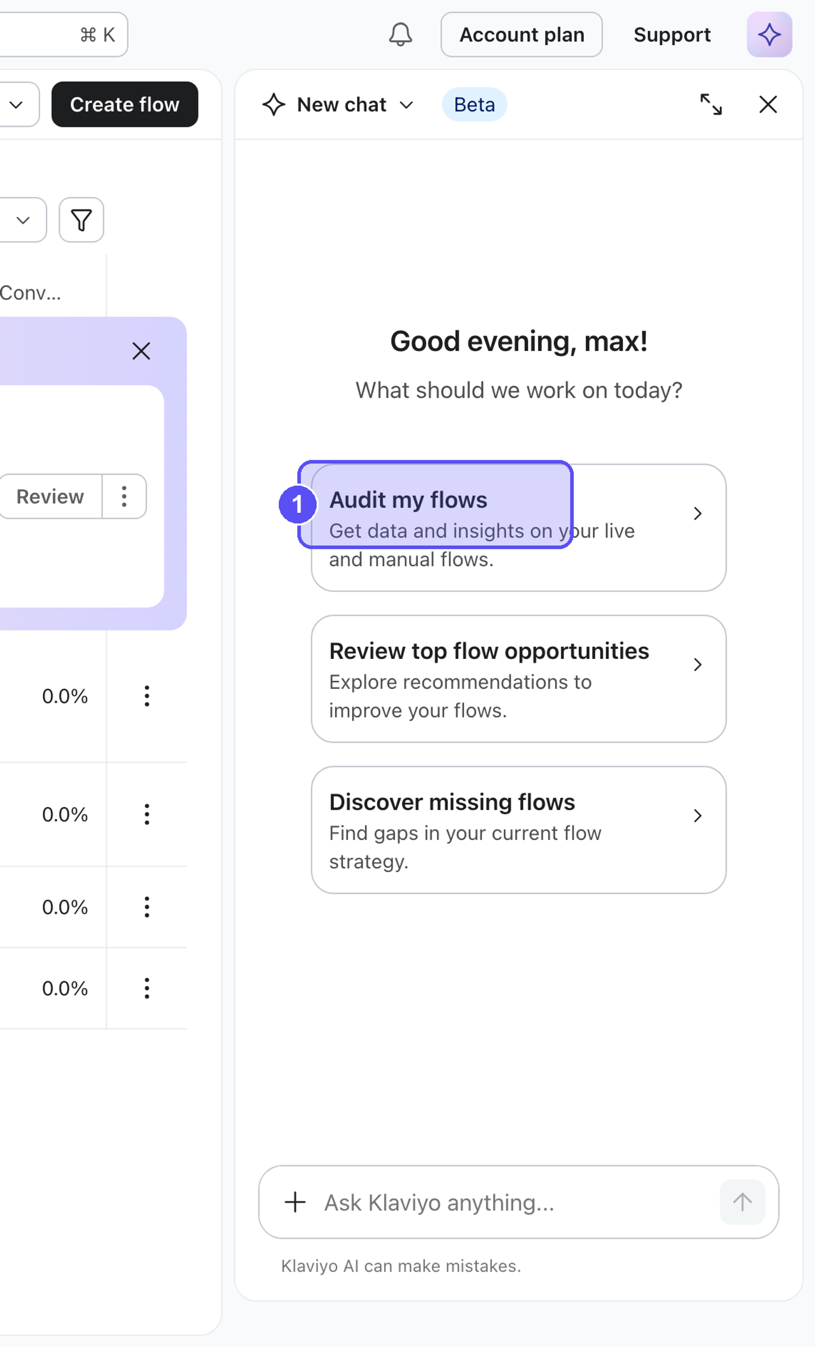 Composer chat panel open next to a Klaviyo email template, ready to receive an audit request.