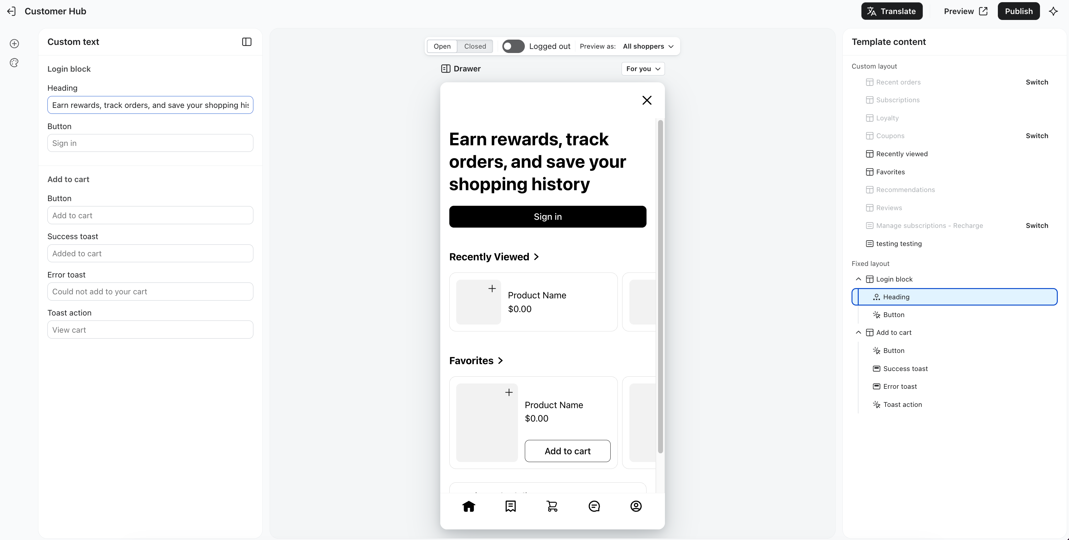 The Welcome messages menu in Customer Hub Content settings.