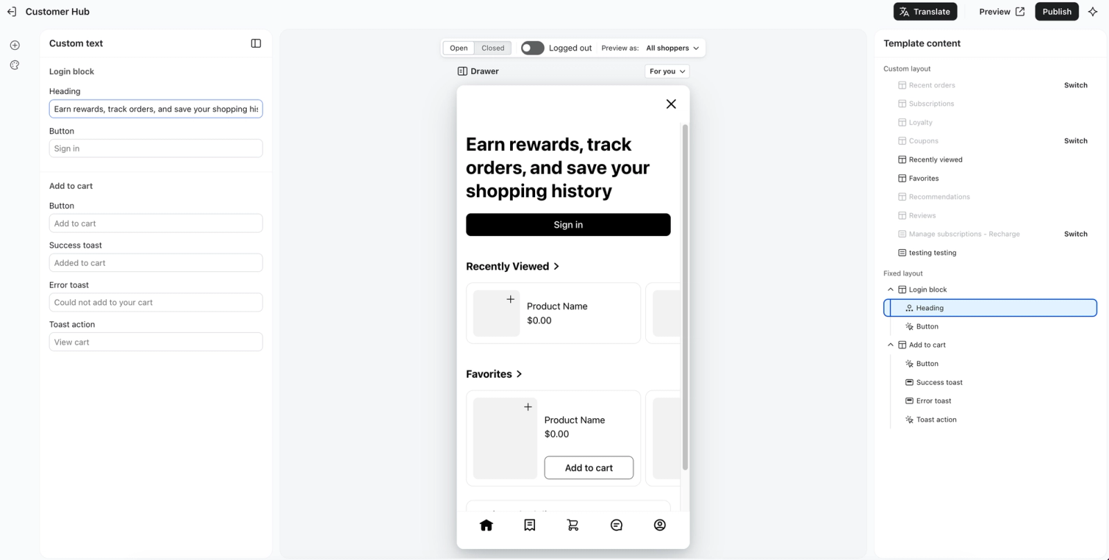 The Welcome messages menu in Customer Hub Content settings.