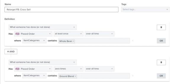 Segment in Klaviyo segment builder of customers who have placed a whole bean order but not a ground blend order