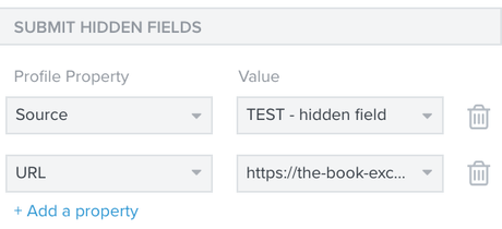In a close up of the Hidden Fields section, a second hidden field, URL, has been added with a specific URL as the value