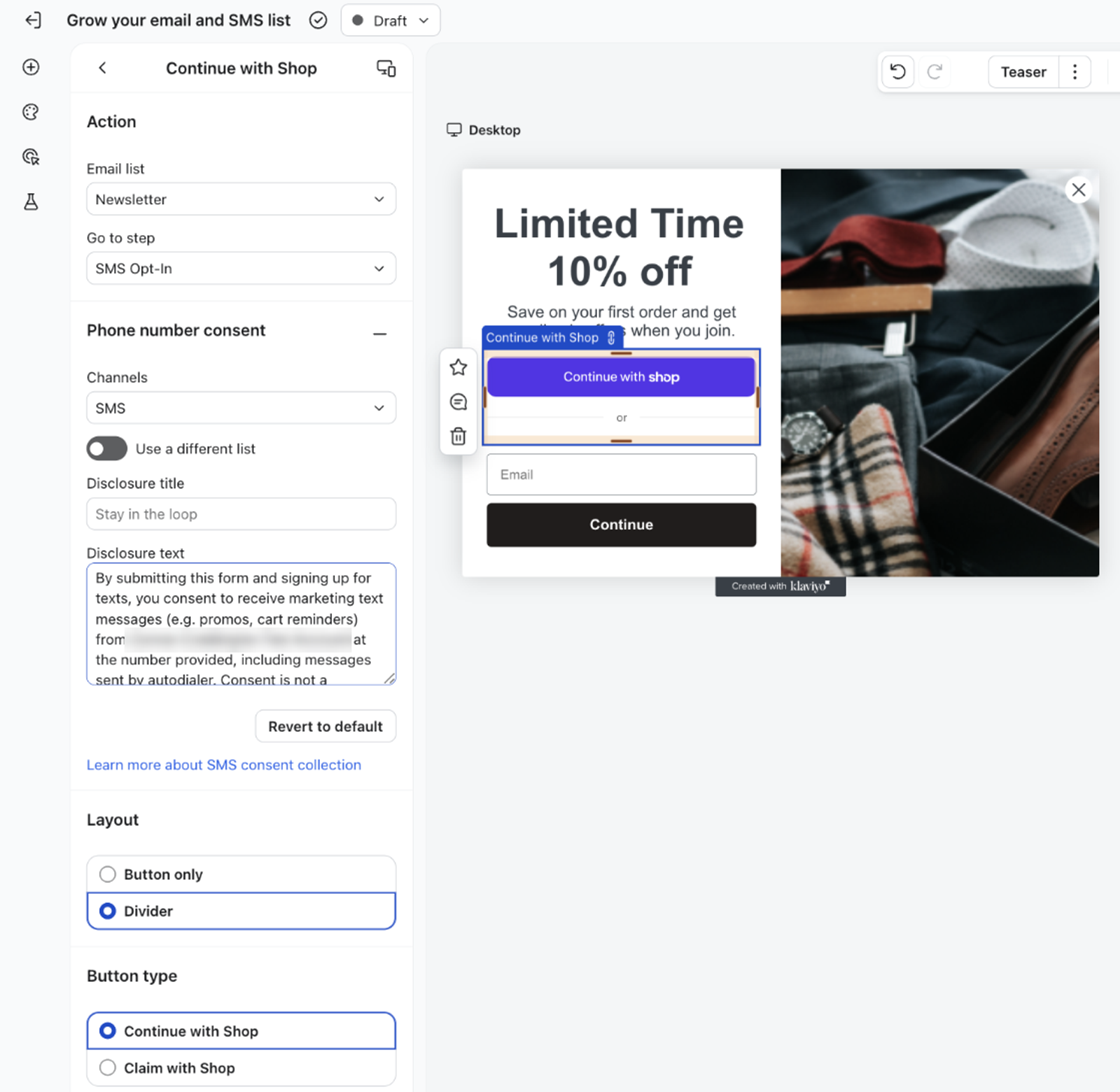 The Continue with Shop block settings, showing the Action, Phone number consent, Layout, and Button type sections next to a form preview with the Continue with Shop button above the email field.