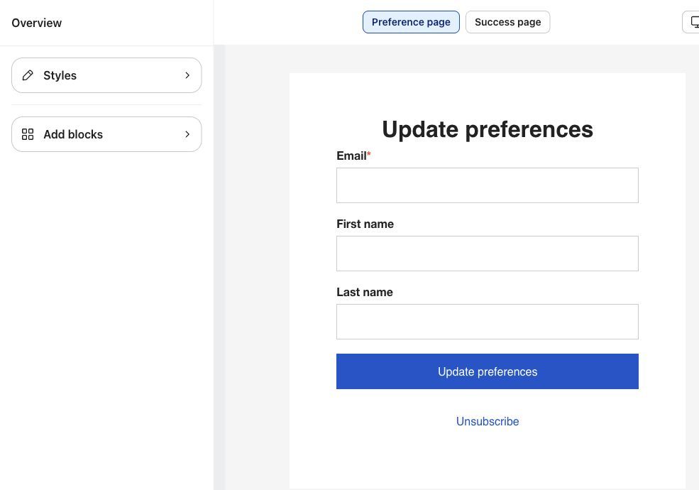 The preferences page editor with Styles and Add blocks in the overview.
