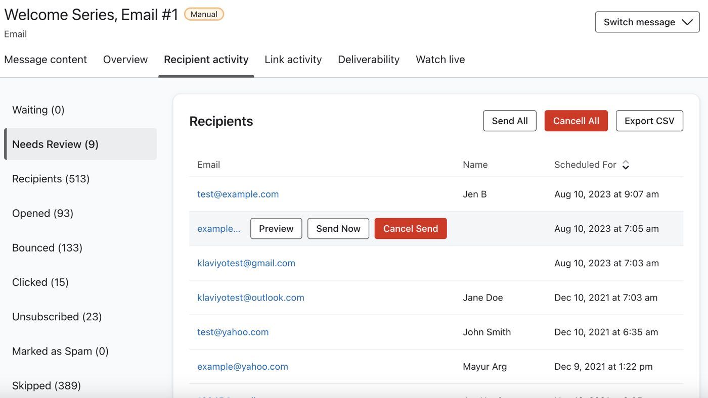 한 메시지의 수신자 활동 검토 필요 탭