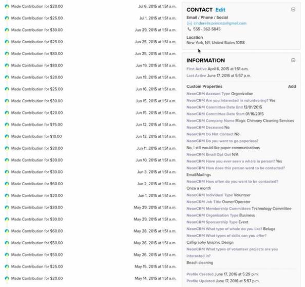 Profile information in Klaviyo showing associated NeonCRM contributions, contact information, and custom properties synced from NeonCRM such as account type and job title