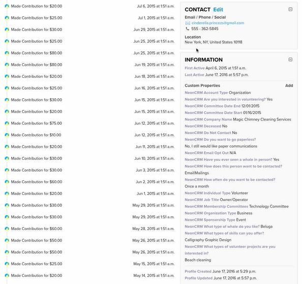 Profile information in Klaviyo showing associated NeonCRM contributions, contact information, and custom properties synced from NeonCRM such as account type and job title