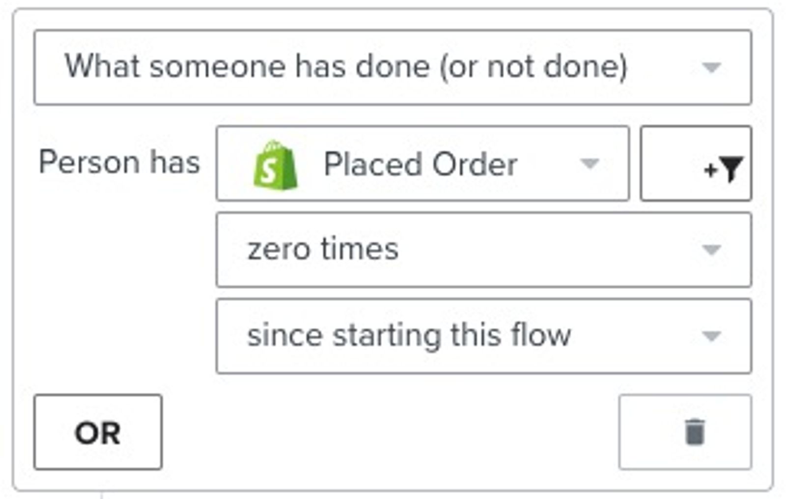 Flow filter with the configuration 'Placed Order zero times since starting this flow.'