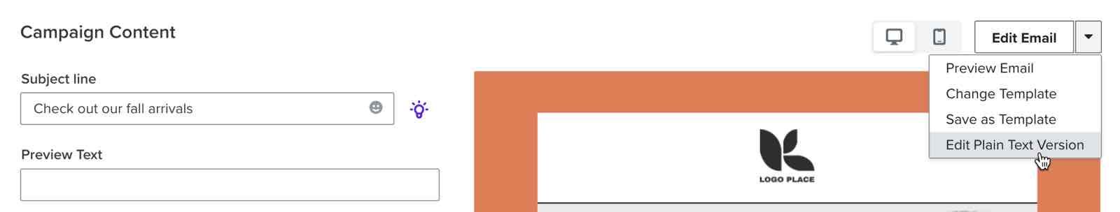 The option to edit the plain text version of an email campaign
