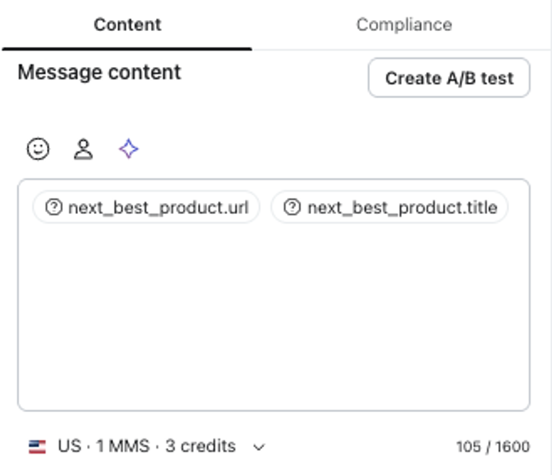 Message content editor showing dynamic product tags, an A/B test button, and usage details.