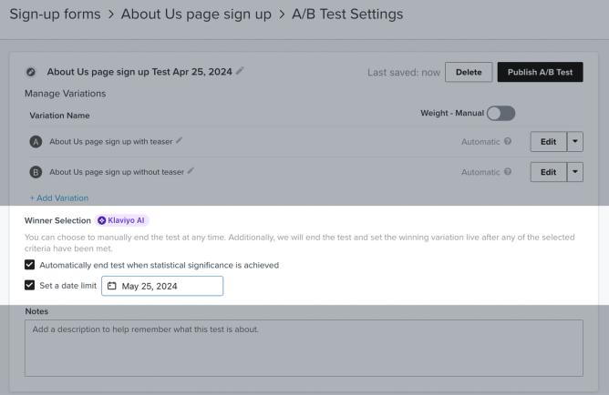 The Winner selection section of the A/B test settings page where you can choose how a winning form variation will be chosen showing both the statistical significance and date boxes checked.