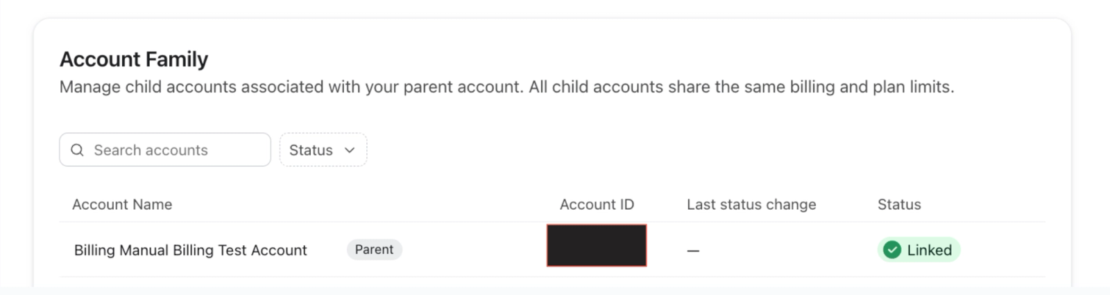 Zrzut ekranu strony „konto Family” pokazujący tabelę, w której jako konto nadrzędne widnieje „Billing Manual Billing Test konto” z łączem.