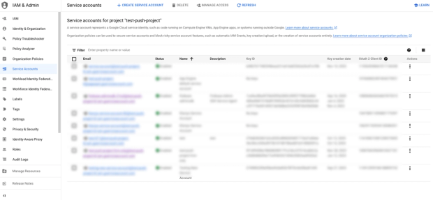 Service accounts page, where the accounts are blurred for security purposes
