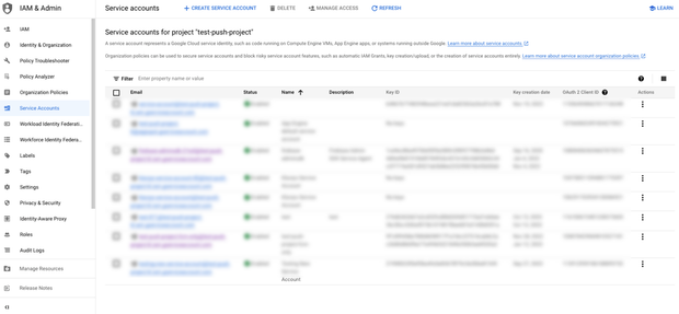 Service accounts page, where the accounts are blurred for security purposes