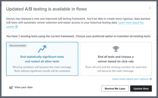 Een modal toont je 2 opties om update bestaande tests te gebruiken.