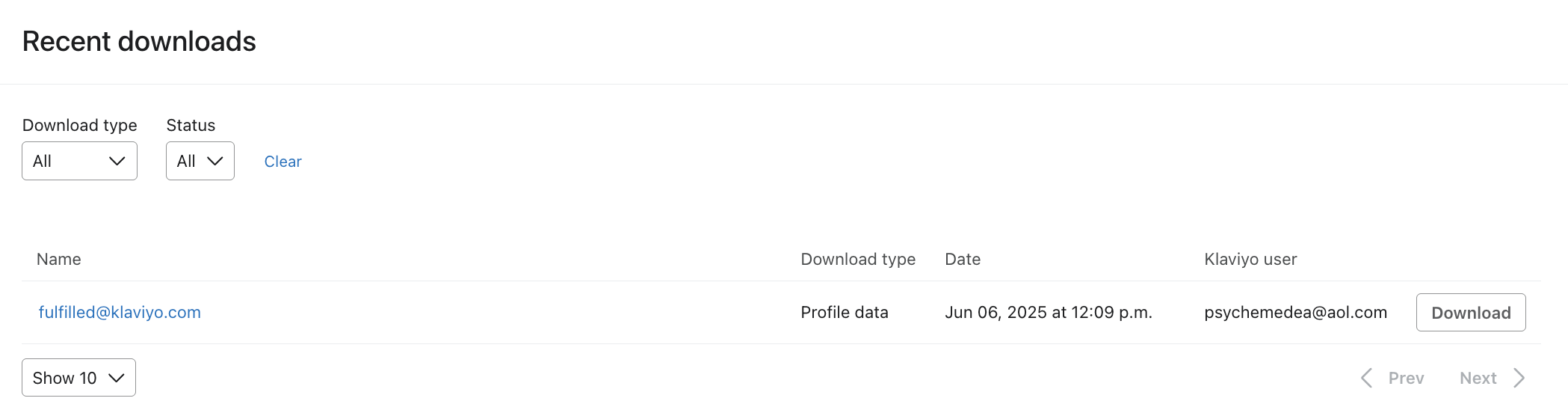 The Klaviyo download page where you can click download to export your profile data as a .zip file
