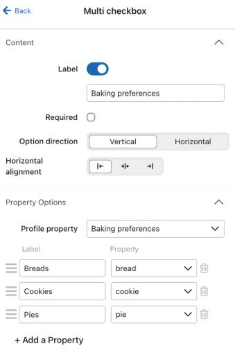 The multi checkbox menu in the form editor showing an example multi checkbox collecting baking preference profile property.