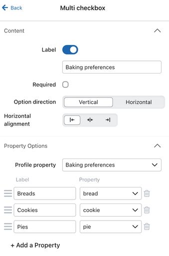 The multi checkbox menu in the form editor showing an example multi checkbox collecting baking preference profile property.