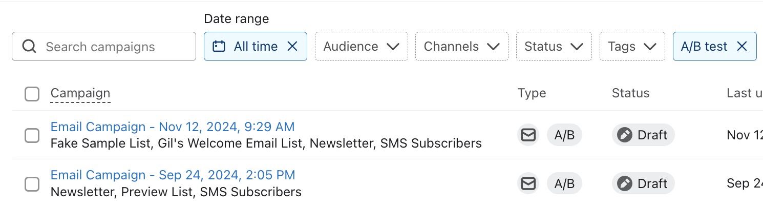 A/B test filtered campaigns showing email campaigns with A/B designation and draft status