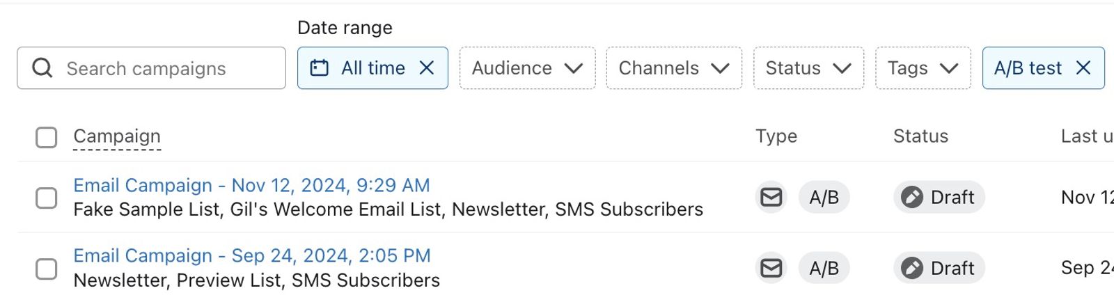 A/B test filtered campaigns showing email campaigns with A/B designation and draft status