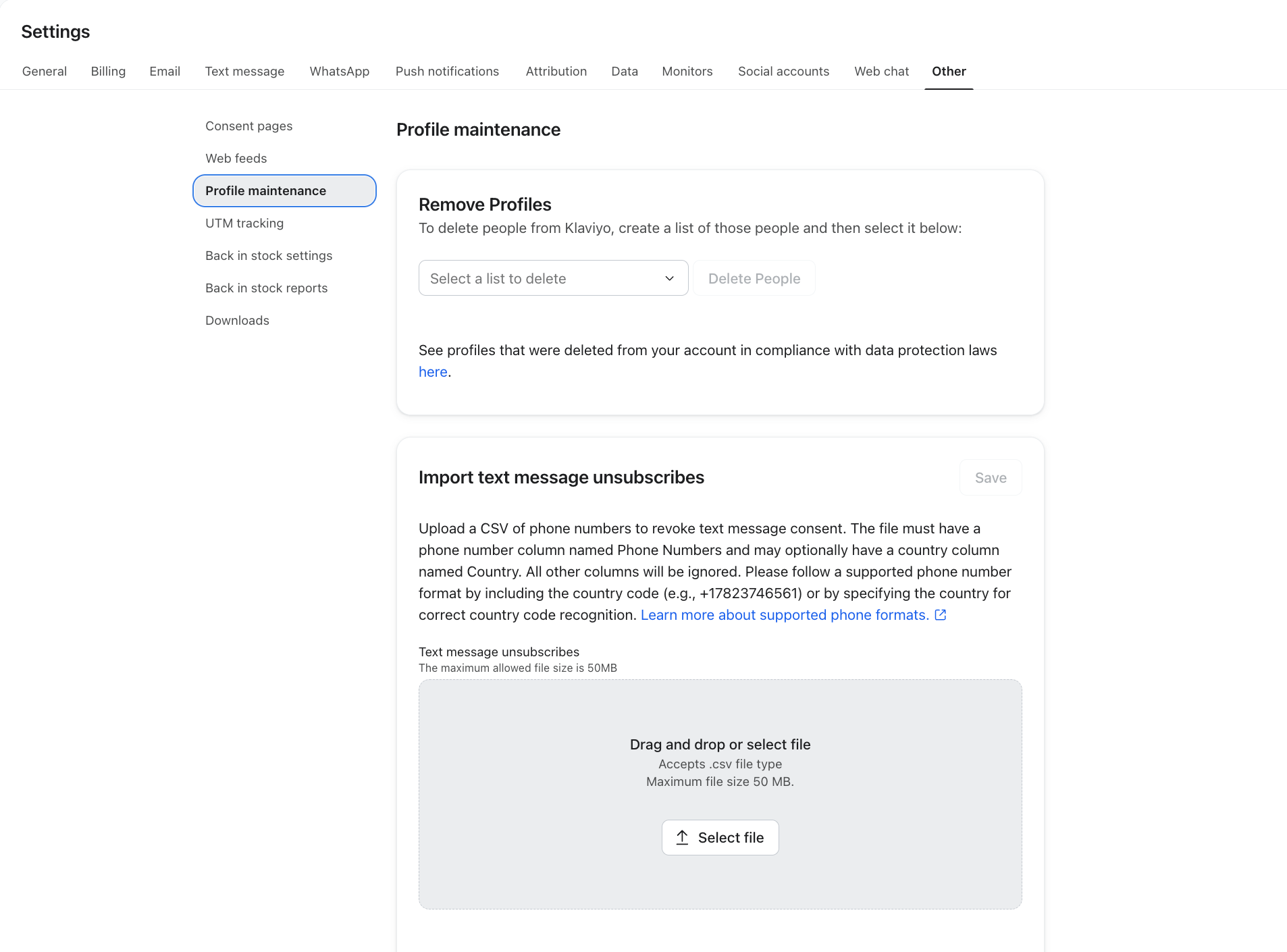 Import SMS unsubscribes within the other settings