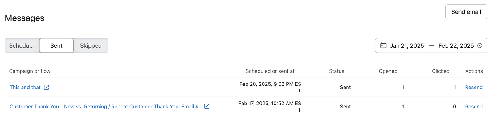 Messages tab on a profile with received messages