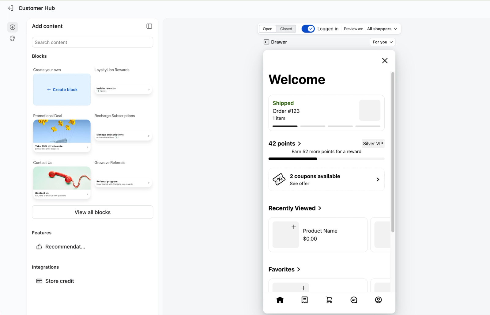 Customer Hub interface showing content blocks on the left and a mobile preview of a personalized welcome screen on the right.