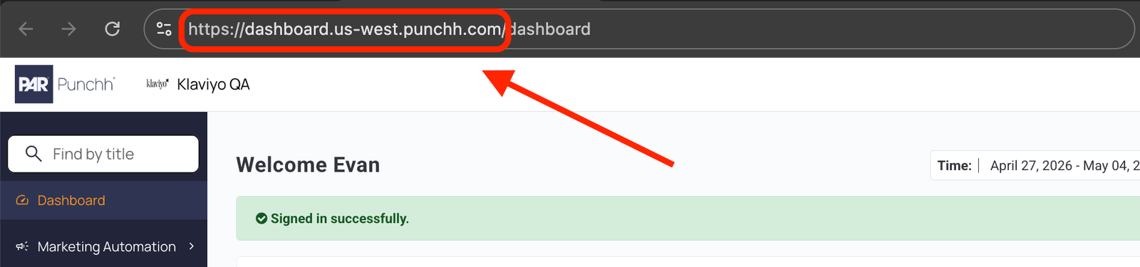 Highlighted URL of the Punchh dashboard in a web browser.
