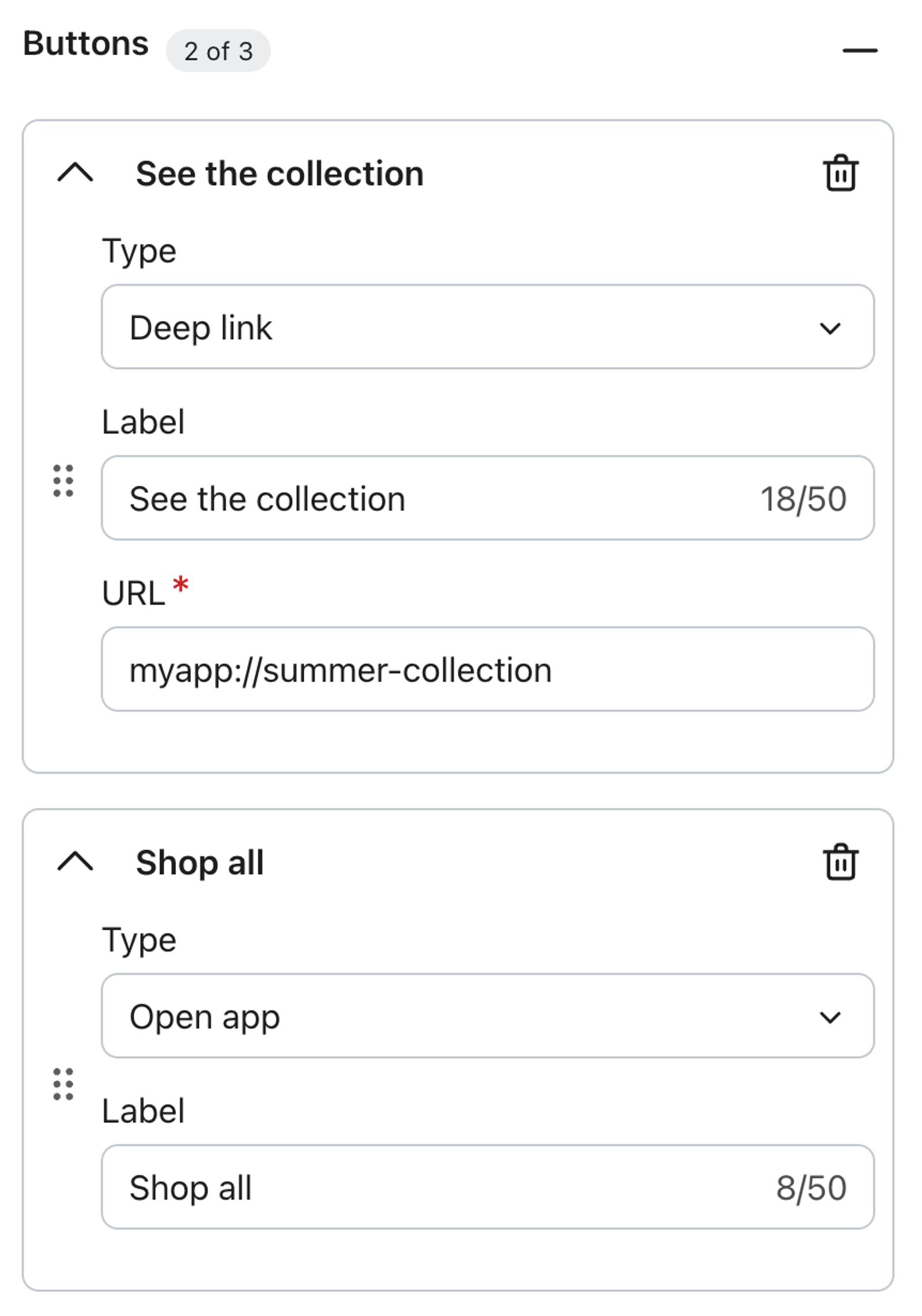 UI for configuring two buttons: "See the collection" (deep link to "myapp://summer-collection") and "Shop all" (open app).